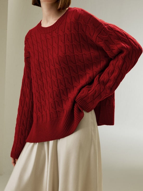 Lilysilk Sweaters - LILYSILK 100% Merino Wool Cable Knit Crewneck Sweater Red Size M